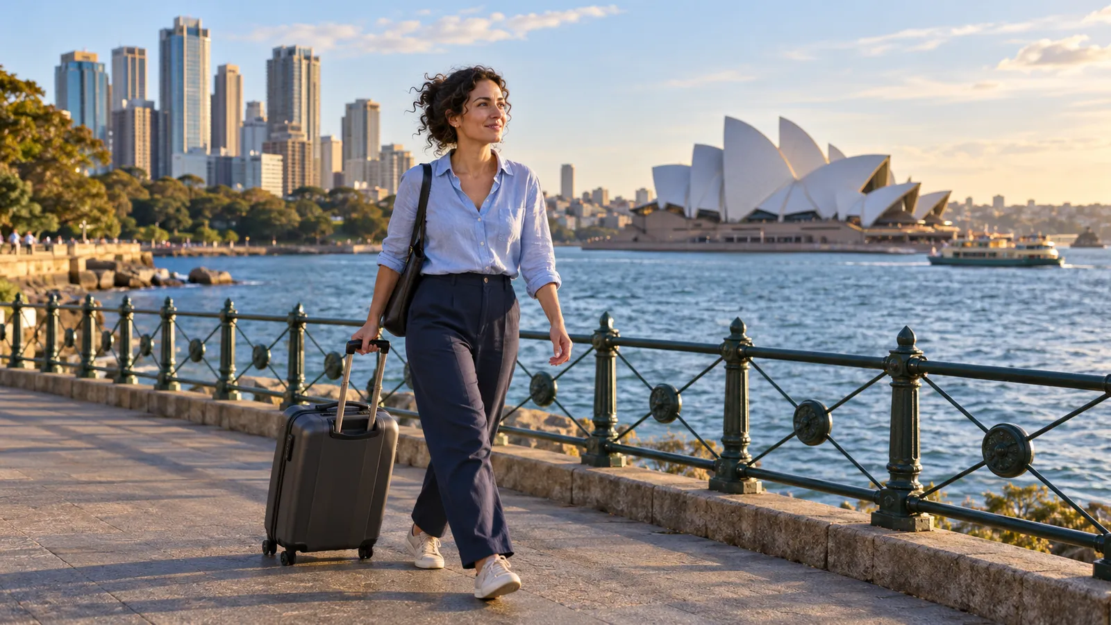Una donna con una valigia cammina sul lungomare di Sydney, con l’Opera House sullo sfondo.
