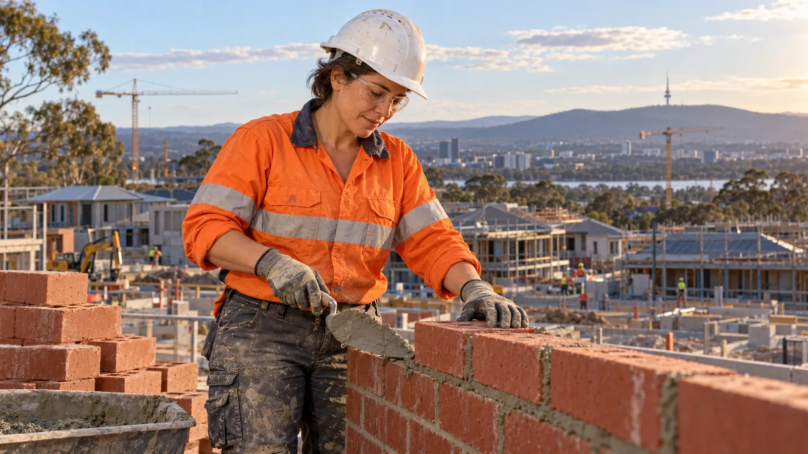 Una muratrice posa mattoni in un cantiere di Canberra, con gru e colline sullo sfondo.