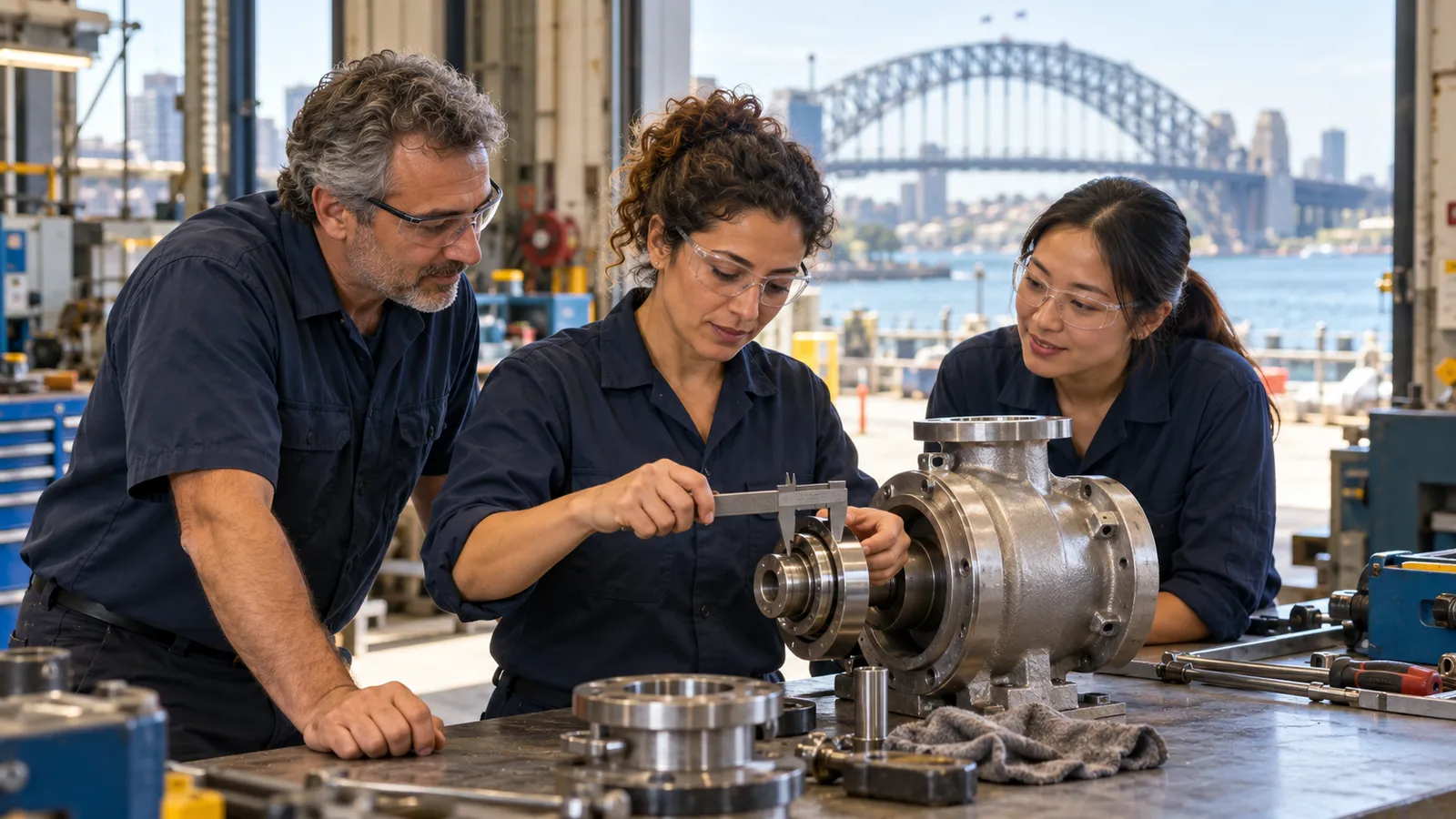Una tecnica misura una pompa insieme a due colleghi in un’officina affacciata sul porto di Sydney.
