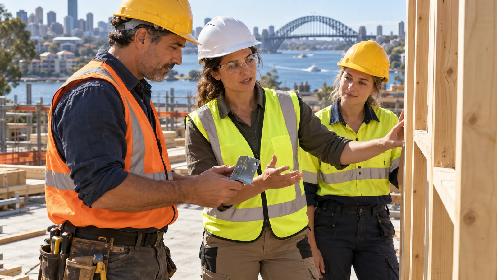 Una squadra di tre persone collabora in un cantiere a Sydney, con il ponte sul porto sullo sfondo.