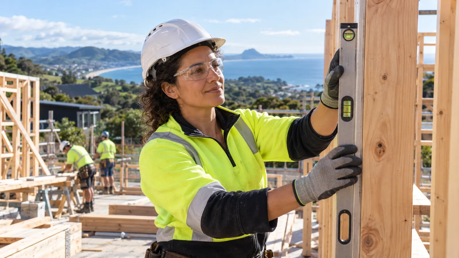 Una carpentiera italiana controlla una struttura in legno con una livella in un cantiere sulla costa neozelandese.