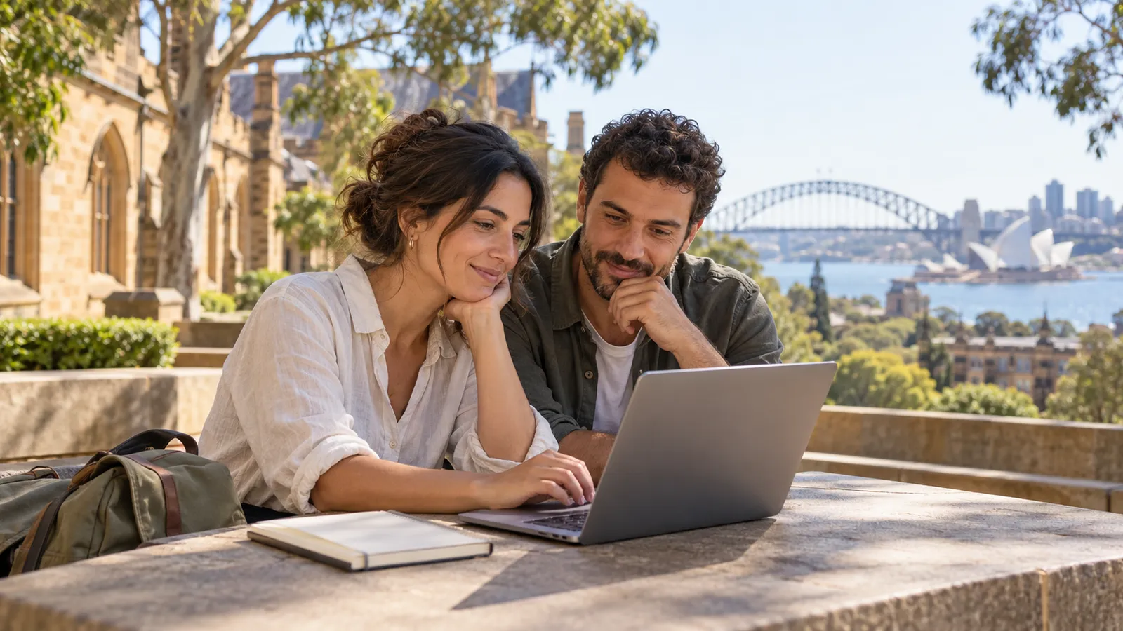 Una coppia italiana consulta un portatile in un campus soleggiato, con il porto di Sydney sullo sfondo.