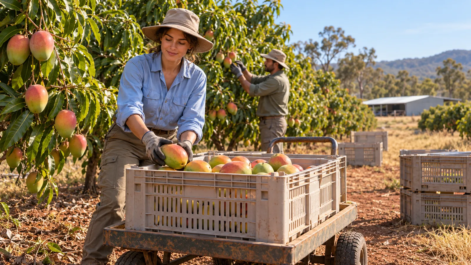 Una lavoratrice ripone un mango in una cassetta mentre un collega raccoglie frutti in un frutteto australiano.