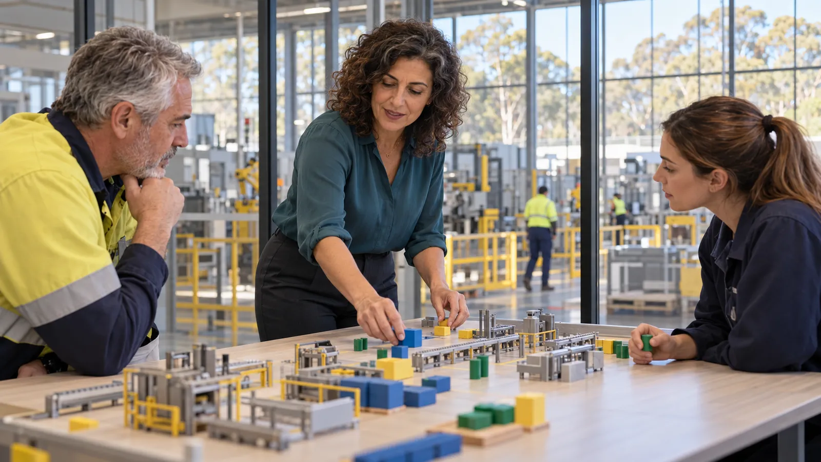 Una manager italiana pianifica le attività con due colleghi attorno a un plastico in uno stabilimento australiano.