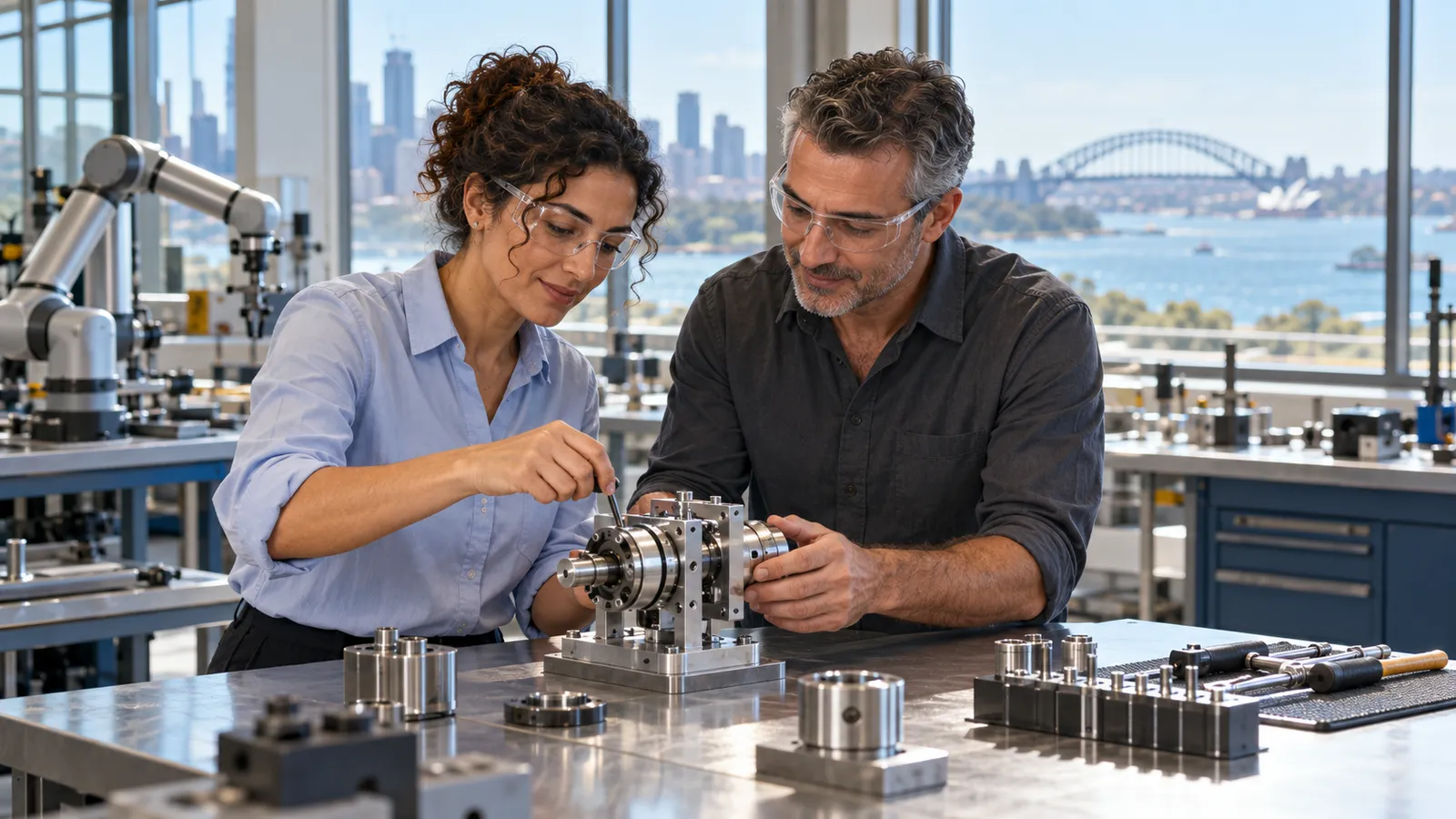 Due professionisti lavorano a un componente meccanico in un laboratorio luminoso affacciato sul porto di Sydney.