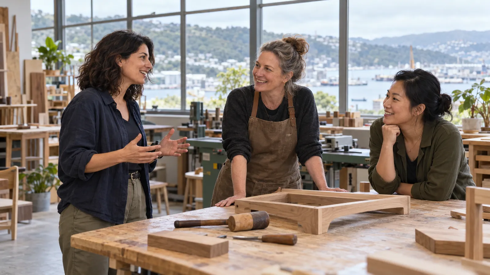 Un’imprenditrice italiana conversa con due professioniste in una falegnameria affacciata sul porto di Wellington.