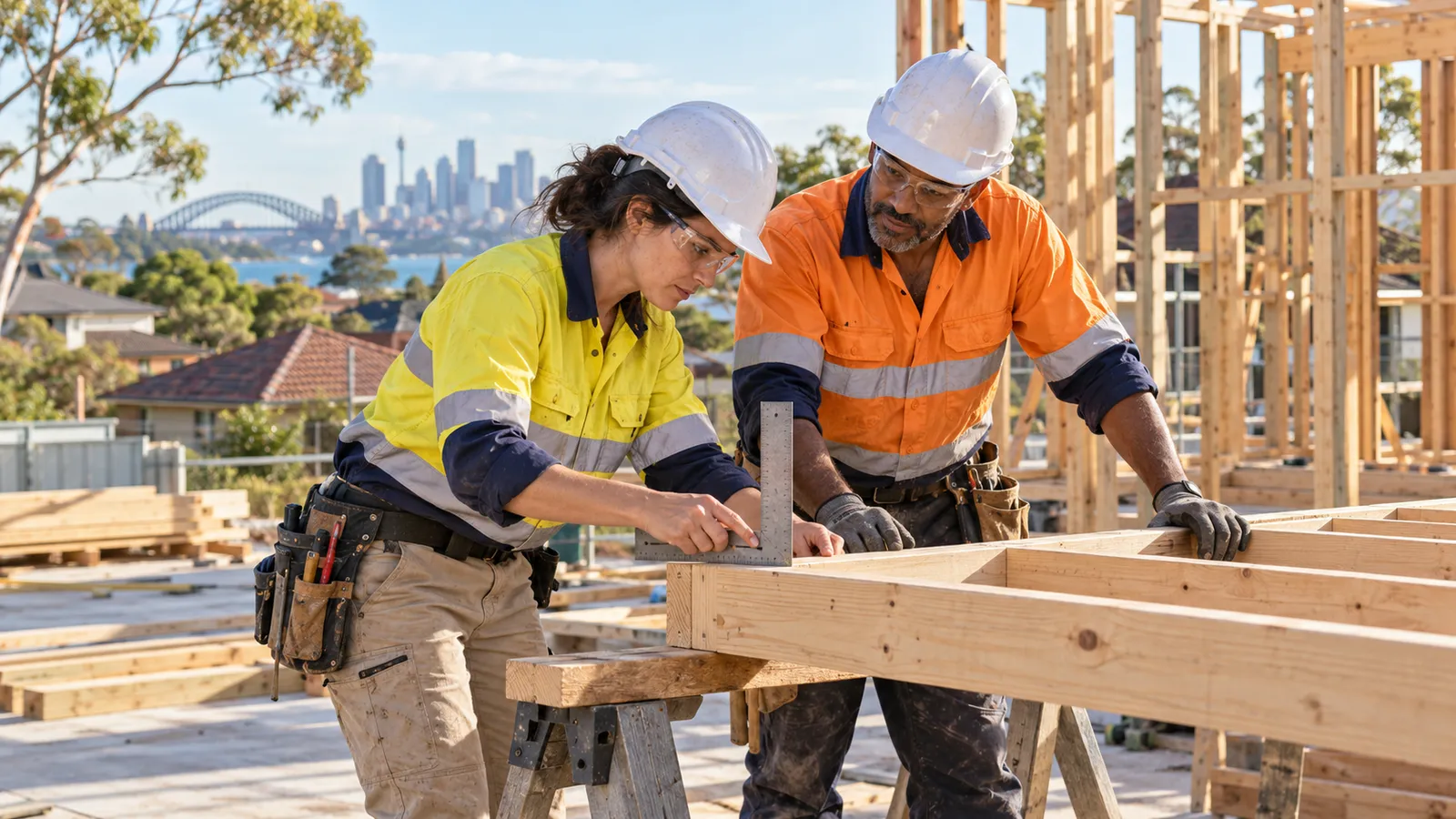 Due carpentieri lavorano su una struttura in legno in un cantiere, con il porto di Sydney sullo sfondo.
