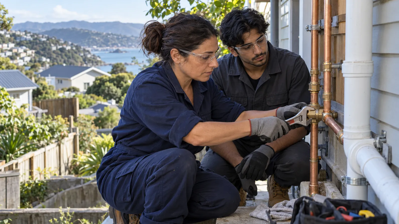 Un’idraulica e un apprendista lavorano sulle tubature di una casa sulle colline di Wellington.