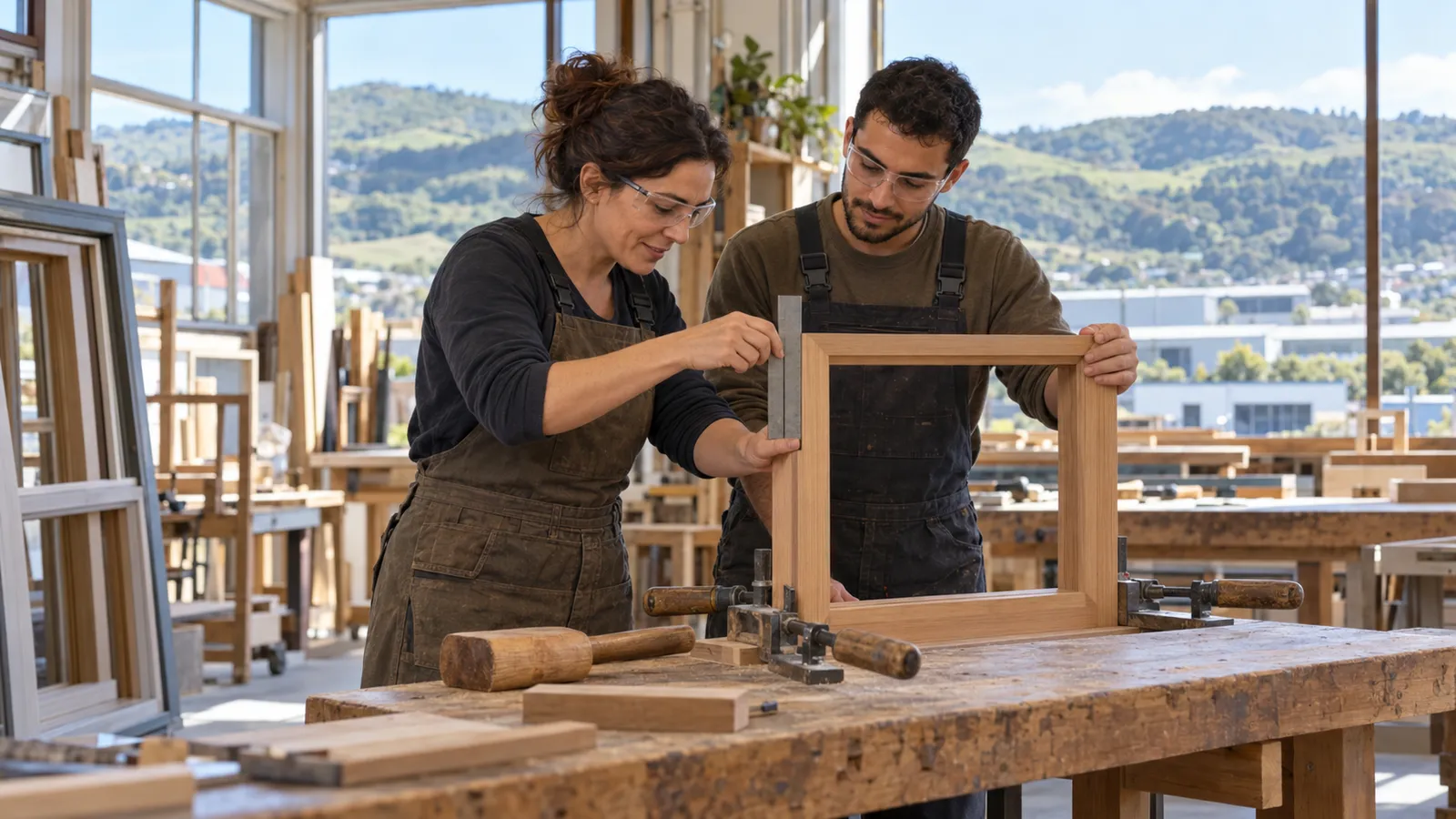 Una falegname e un collega controllano un telaio in legno in un luminoso laboratorio neozelandese.