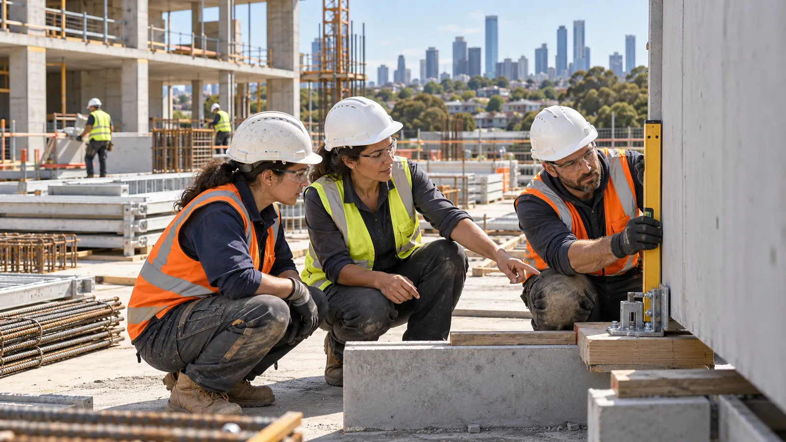 Un'ingegnera e due colleghi verificano l'allineamento di una parete prefabbricata in un cantiere australiano.