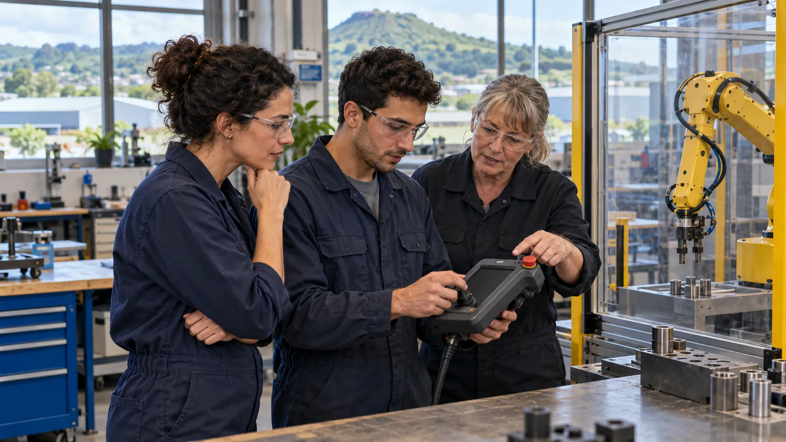 Due donne e un uomo si esercitano con il comando di un braccio robotico in un’officina luminosa in Nuova Zelanda.