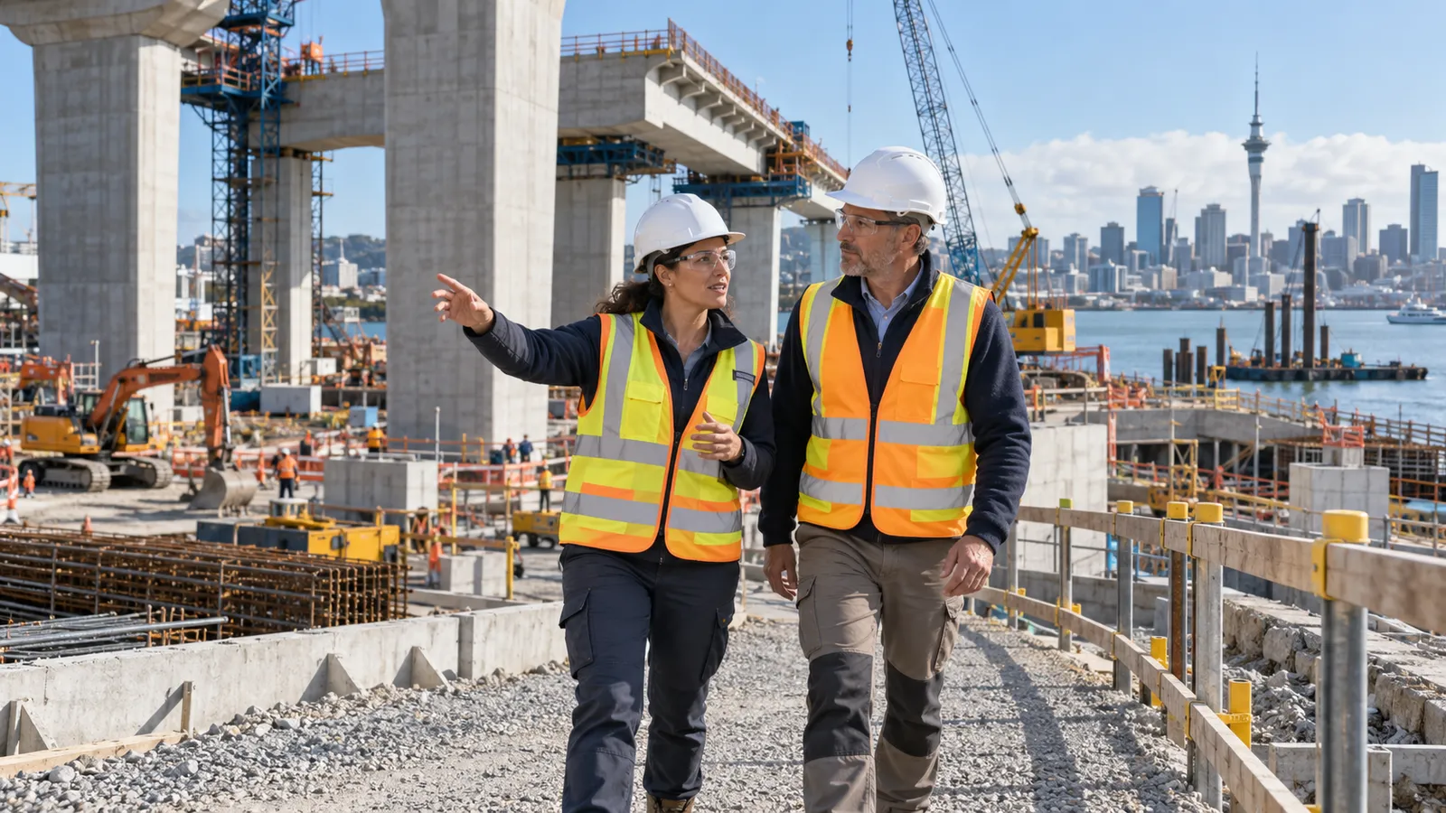 Un’ingegnera e un collega con caschi e giubbotti riflettenti osservano un grande cantiere sul porto di Auckland.