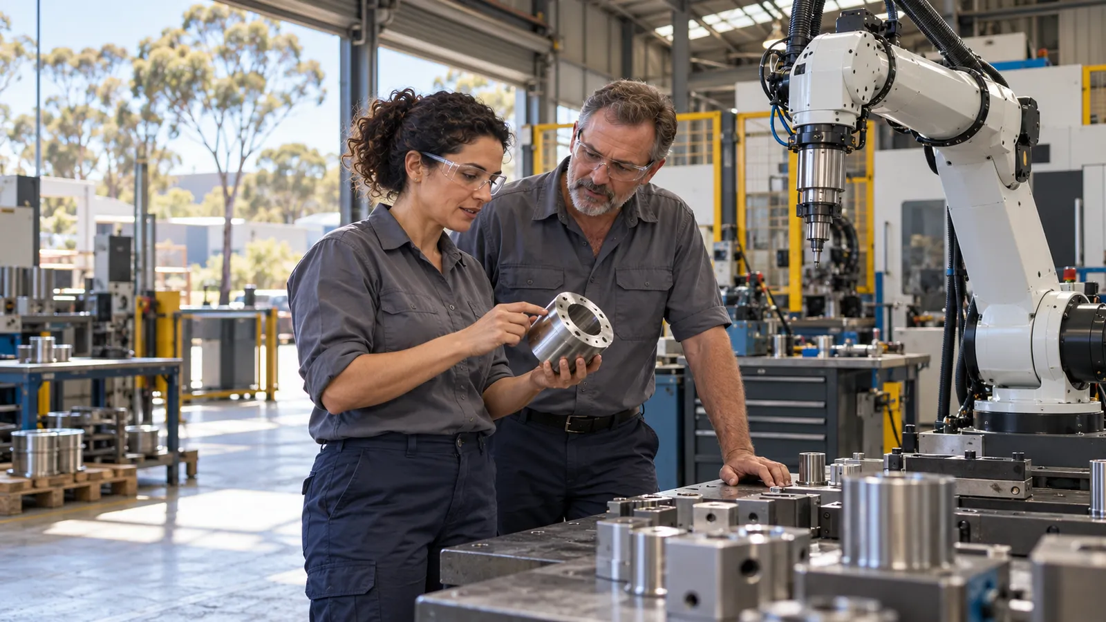 Una tecnica e un collega esaminano un componente metallico accanto a un robot in un’officina australiana.