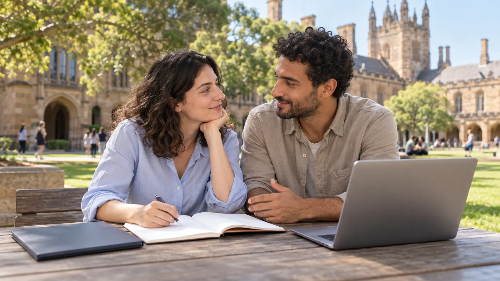 Una coppia italiana conversa con un quaderno aperto e un portatile nel cortile soleggiato di un’università australiana.
