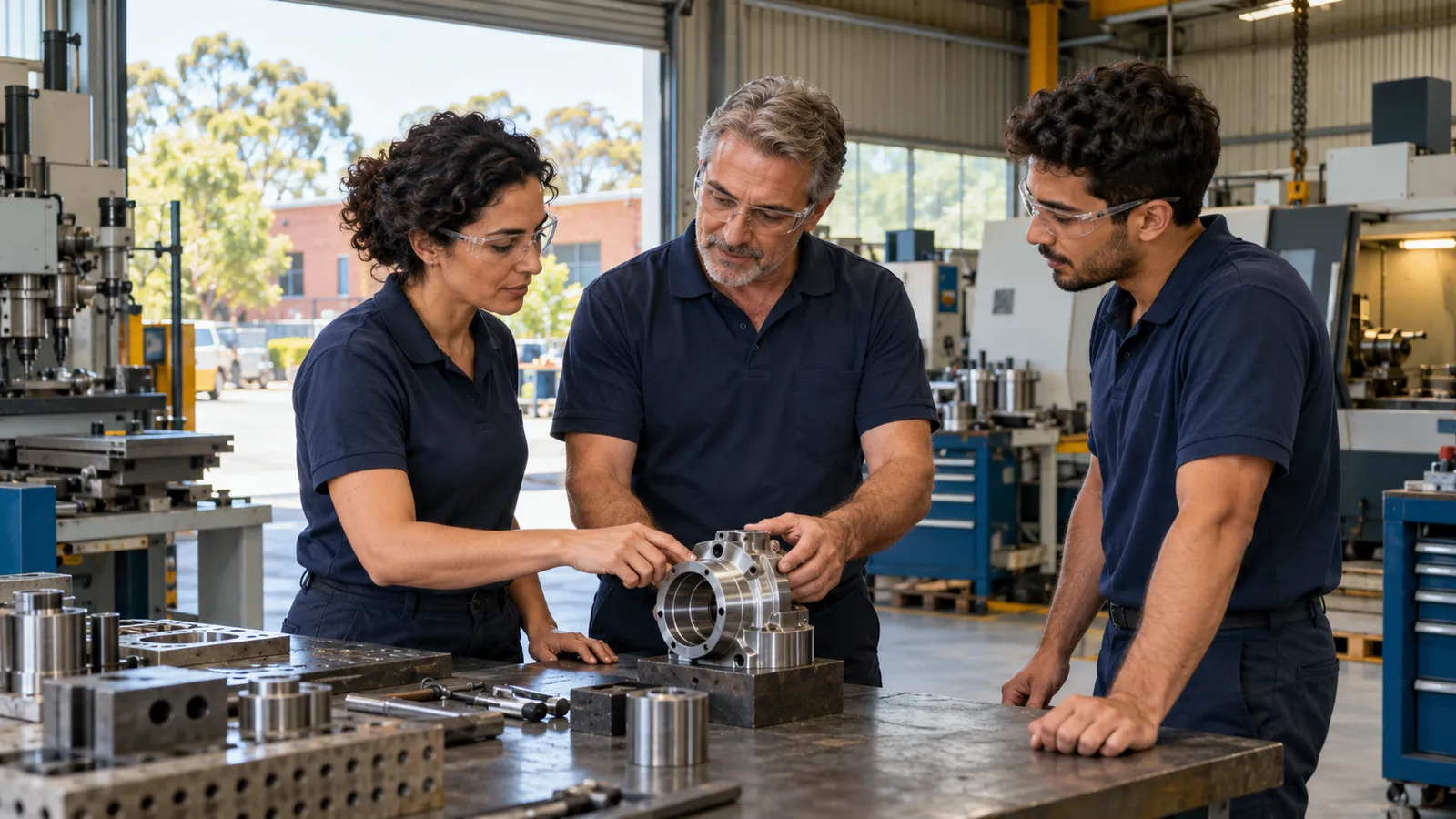 Una tecnica e due colleghi esaminano un componente metallico in un’officina australiana illuminata dal sole.