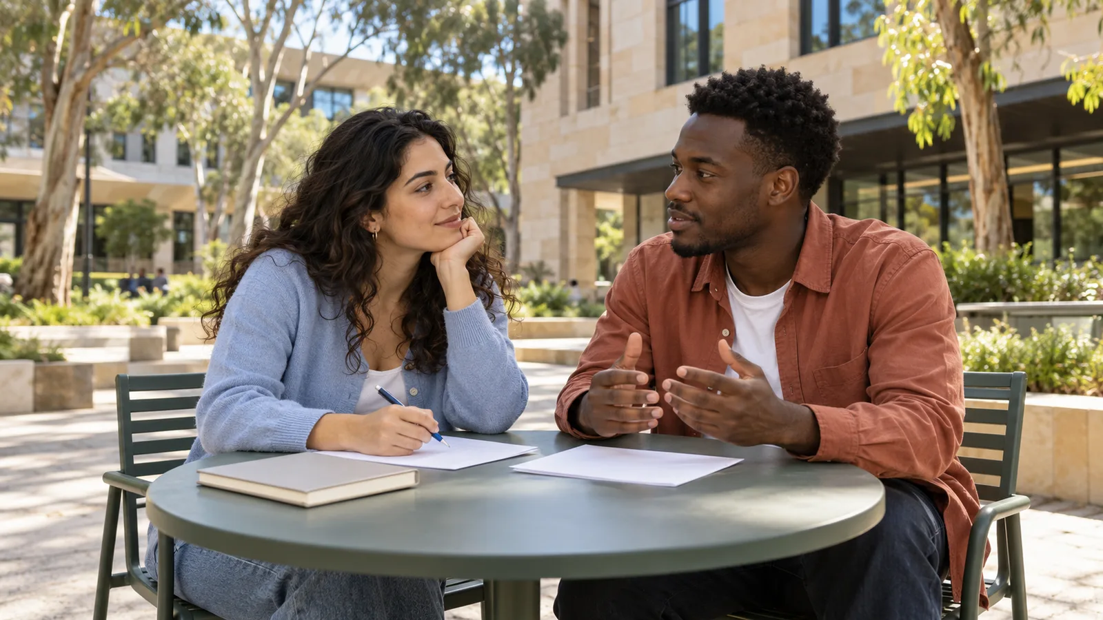 Due studenti italiani discutono dei loro progetti di studio nel cortile di un’università australiana.