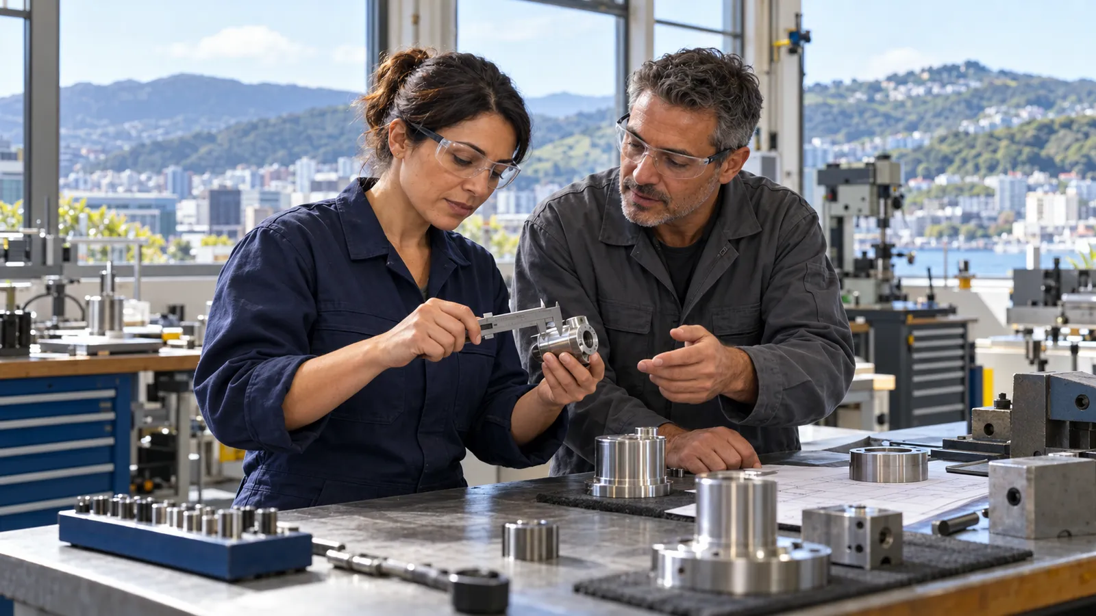 Una tecnica e un collega controllano un componente metallico in un’officina luminosa in Nuova Zelanda.