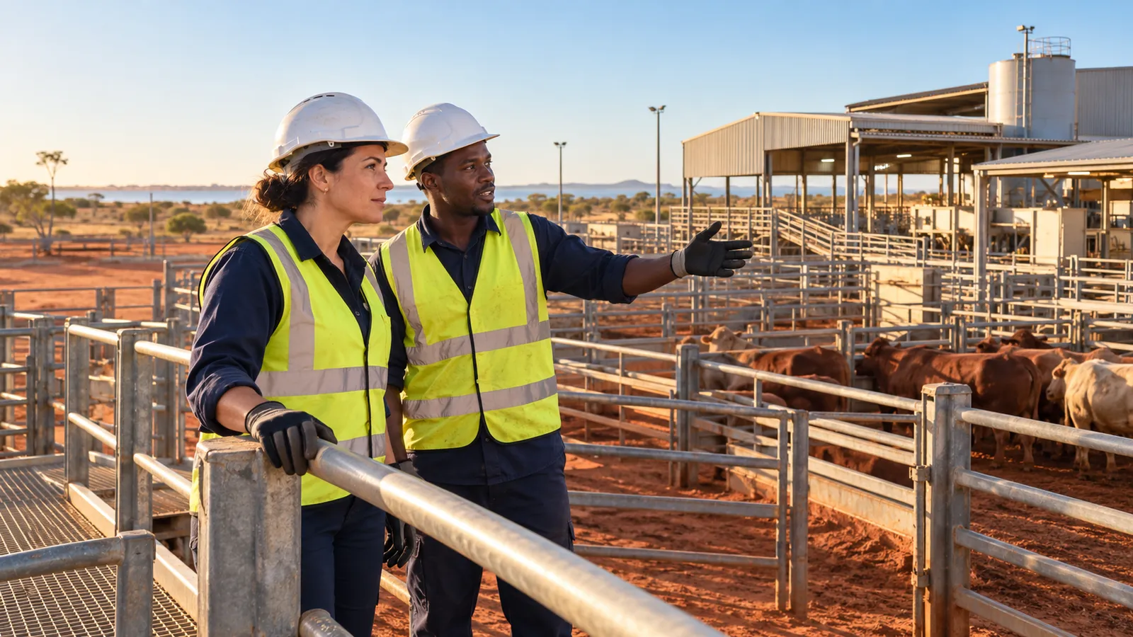 Due lavoratori con caschi e giubbotti ad alta visibilità osservano i bovini in un impianto dell’Australia Occidentale.