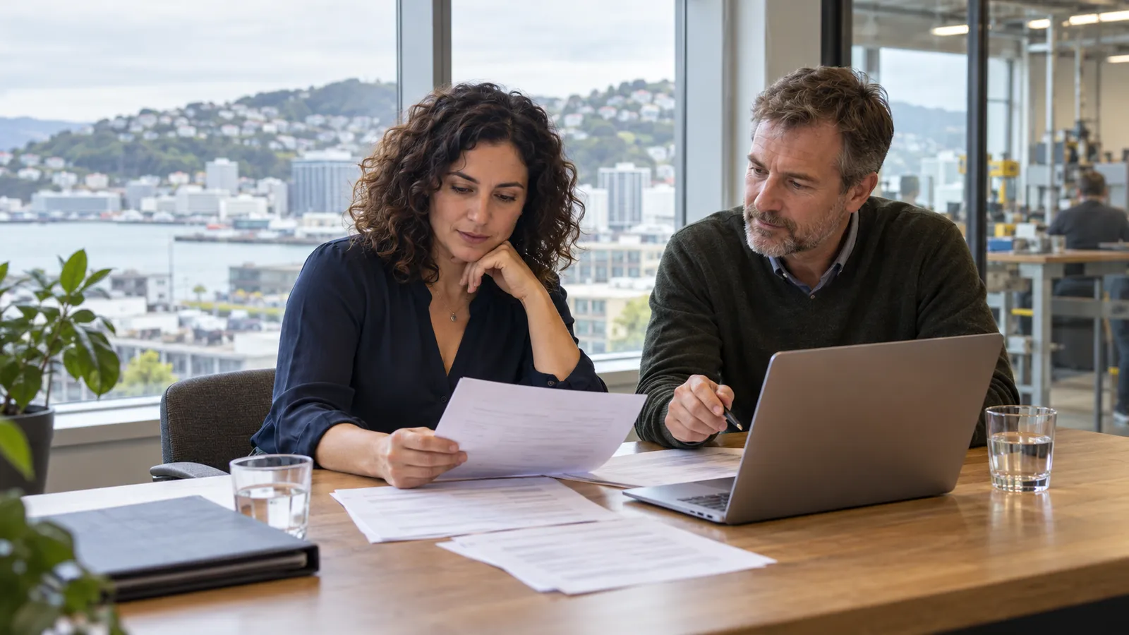 Una professionista italiana esamina documenti con un collega in un ufficio affacciato sul porto di Wellington.