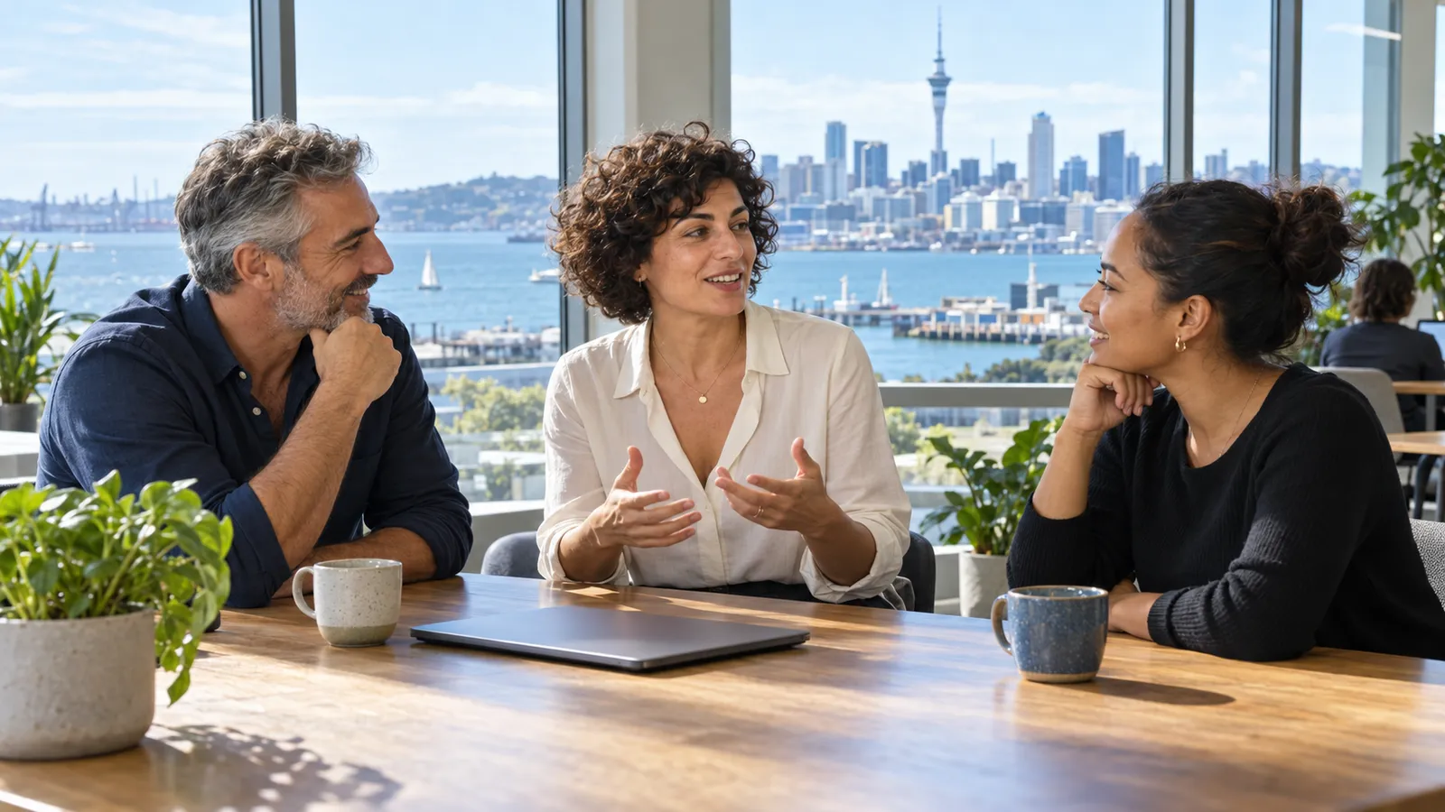 Una professionista conversa con due colleghi in un luminoso ufficio affacciato sul porto di Auckland.