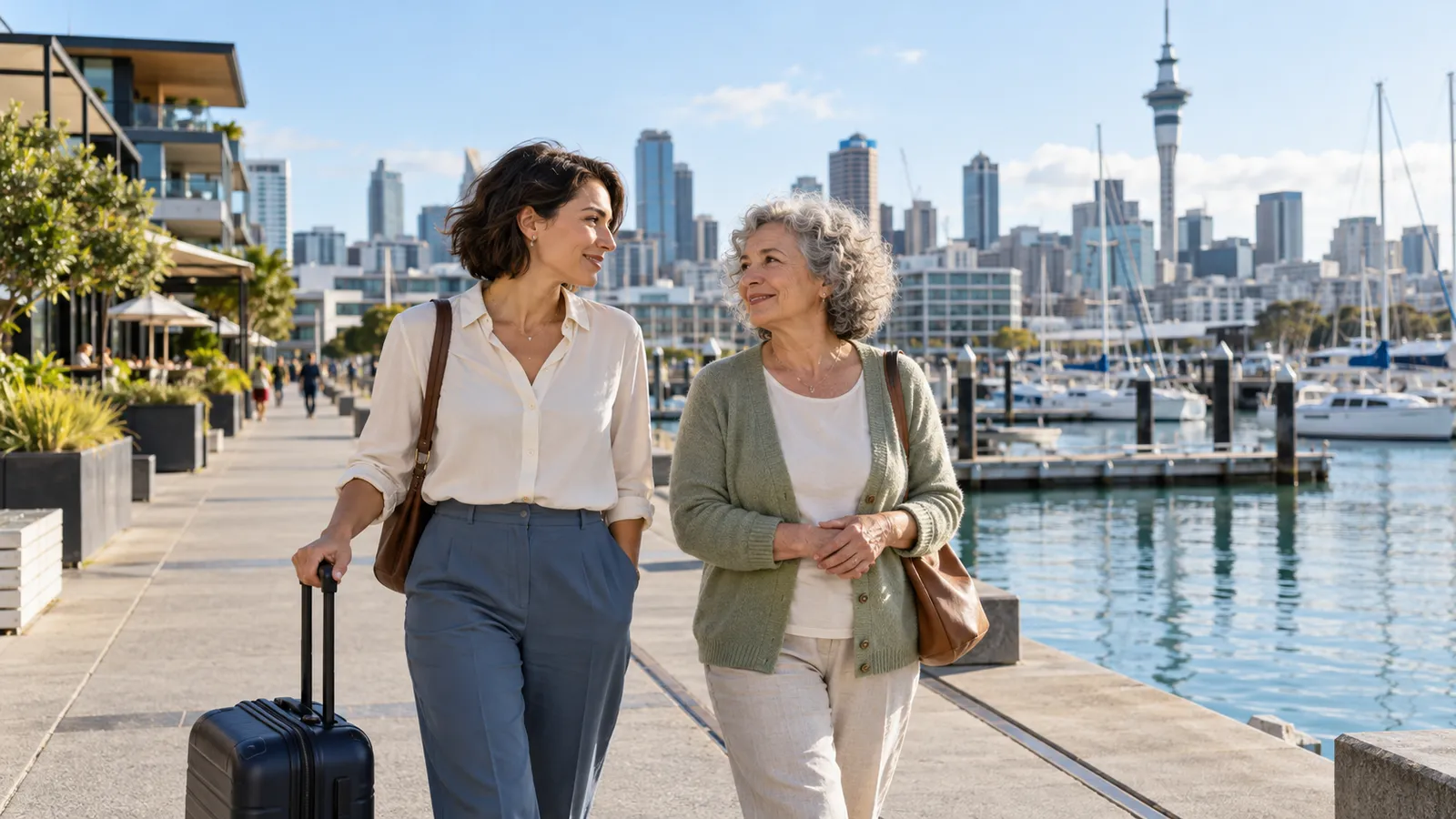 Due donne sorridenti passeggiano con una valigia sul lungomare di Auckland, tra barche e grattacieli.
