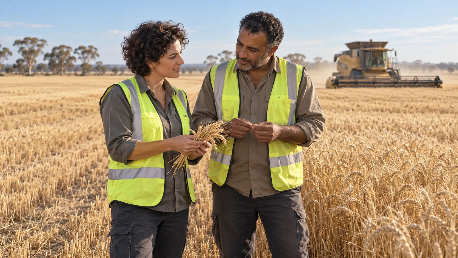 Due lavoratori esaminano spighe di grano in un campo australiano, con una mietitrebbia sullo sfondo.