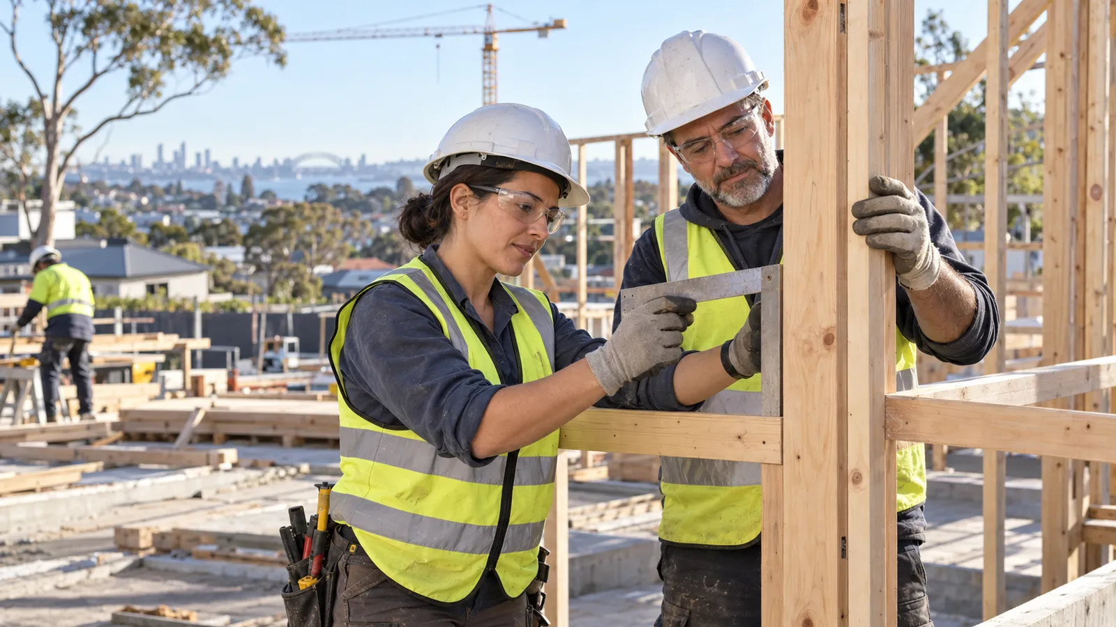 Una carpentiera e un collega controllano una struttura in legno in un cantiere di Sydney.