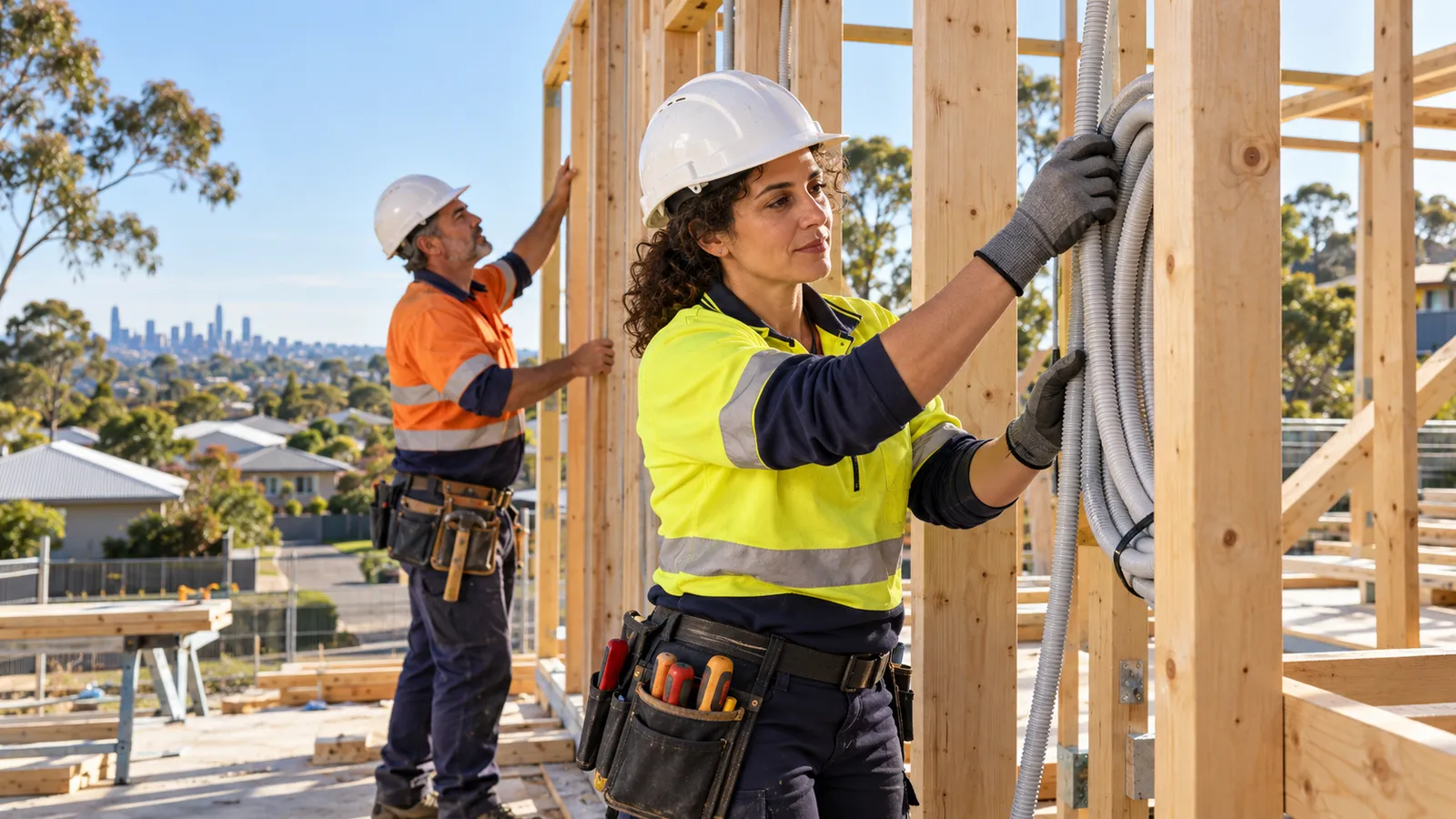 Un'elettricista e un carpentiere lavorano alla costruzione di una casa in legno in Australia.