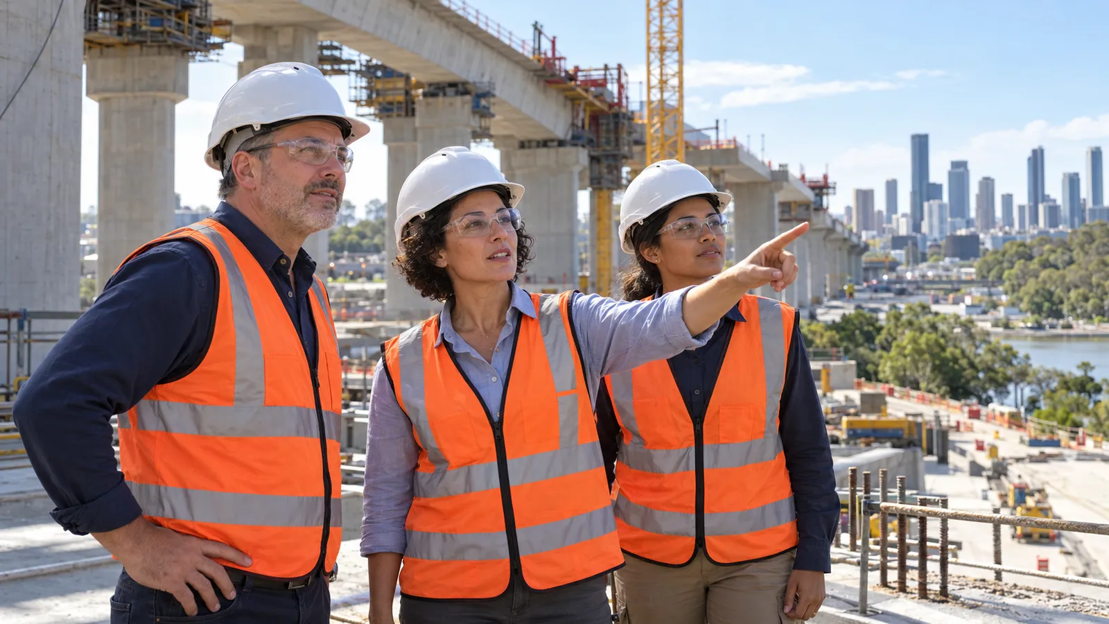 Un’ingegnera con casco e gilet arancione indica un viadotto in costruzione a due colleghi in un cantiere australiano.