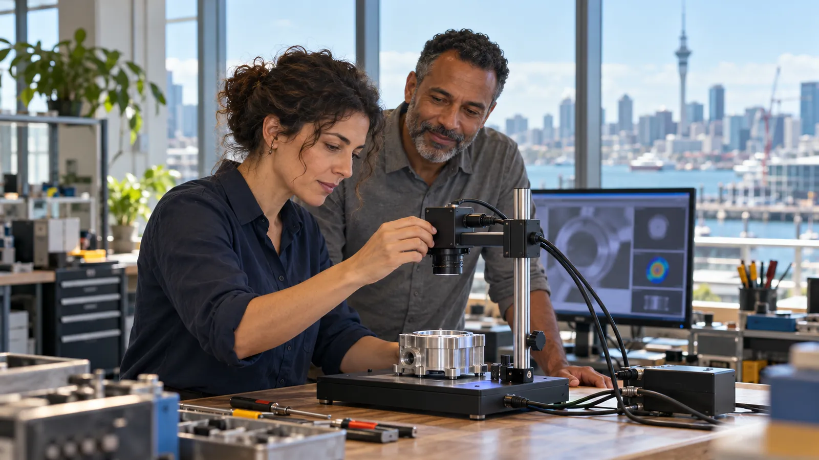 Una professionista regola un sistema di visione artificiale con un collega in un laboratorio affacciato su Auckland.