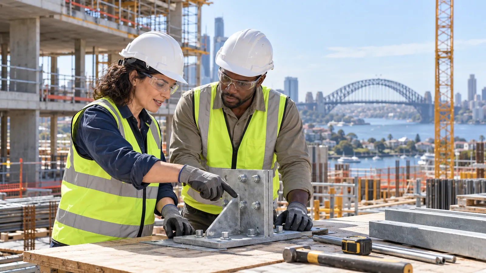 Due professionisti con casco e gilet riflettente esaminano un giunto metallico in un cantiere di Sydney.