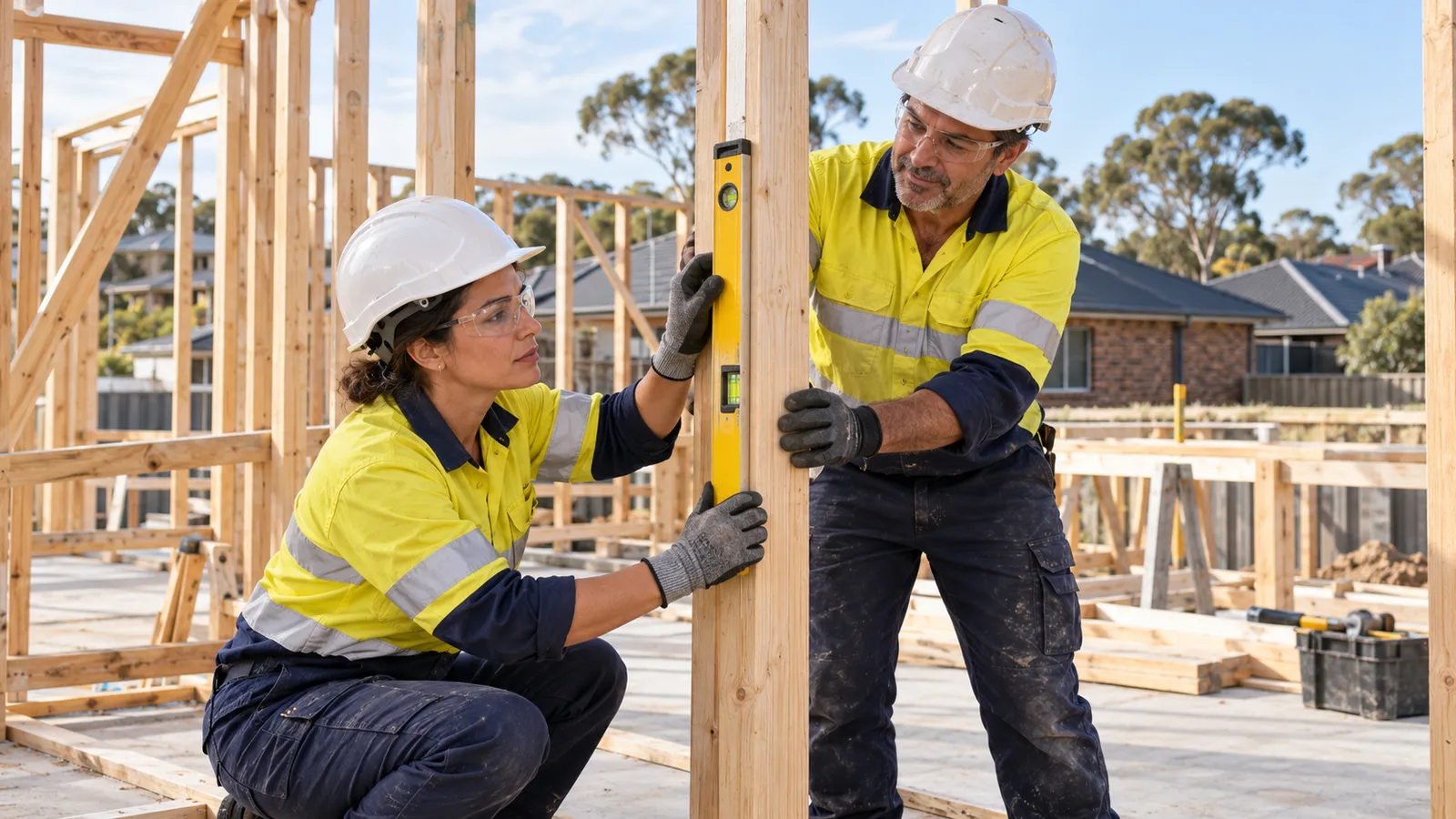 Due carpentieri controllano con una livella un pilastro in legno nel cantiere di una casa in Australia.