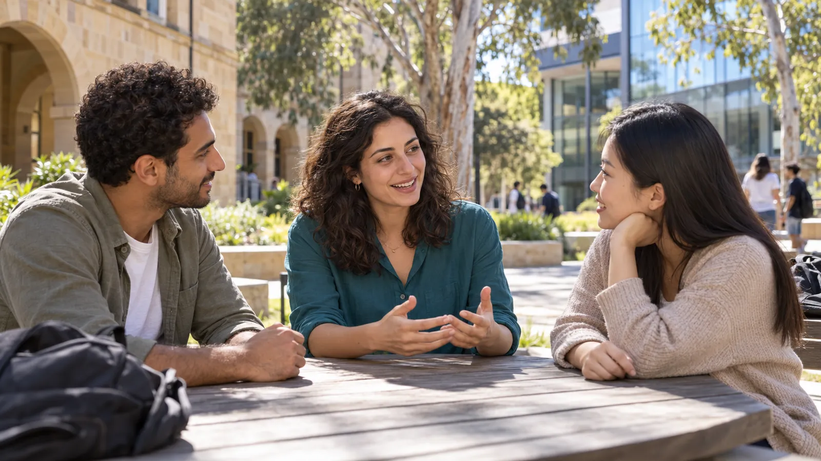 Una studentessa conversa con due colleghi attorno a un tavolo nel cortile soleggiato di un’università australiana.