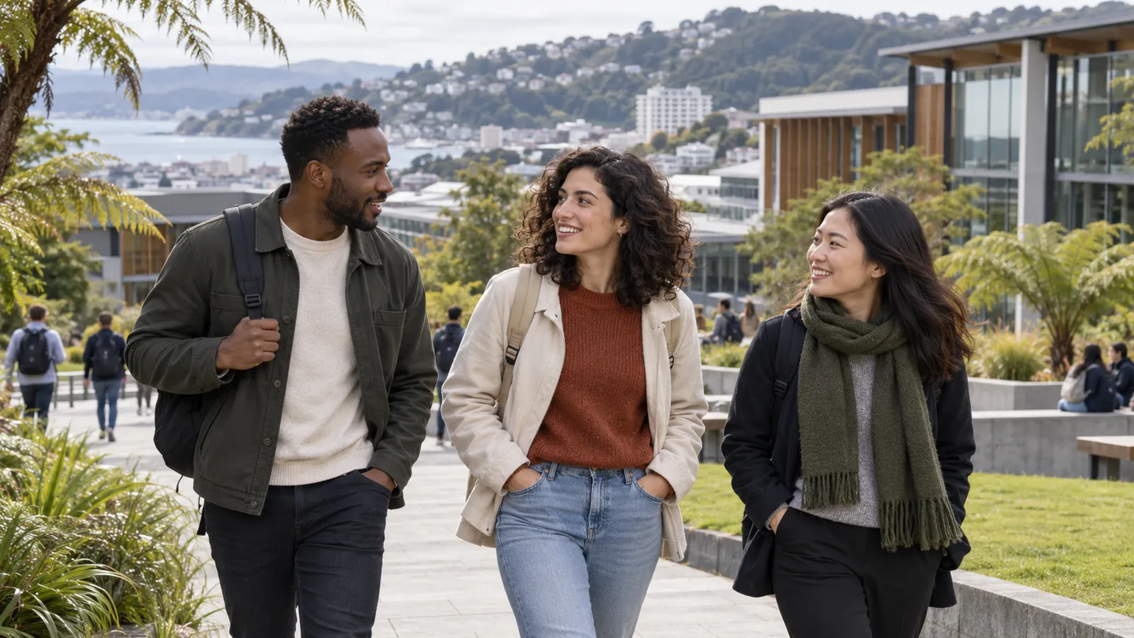 Una studentessa italiana passeggia con due compagni in un campus di Wellington, tra giardini e colline sul porto.