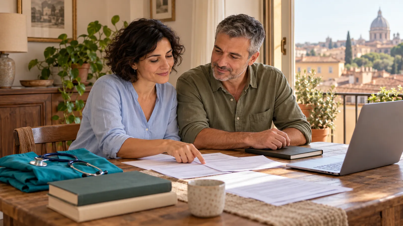 Una donna e un uomo esaminano documenti a casa, con un portatile, libri e uno stetoscopio sul tavolo.