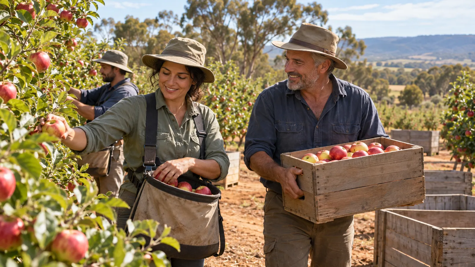 Una donna raccoglie mele accanto a un uomo con una cassetta di frutta in un frutteto australiano assolato.