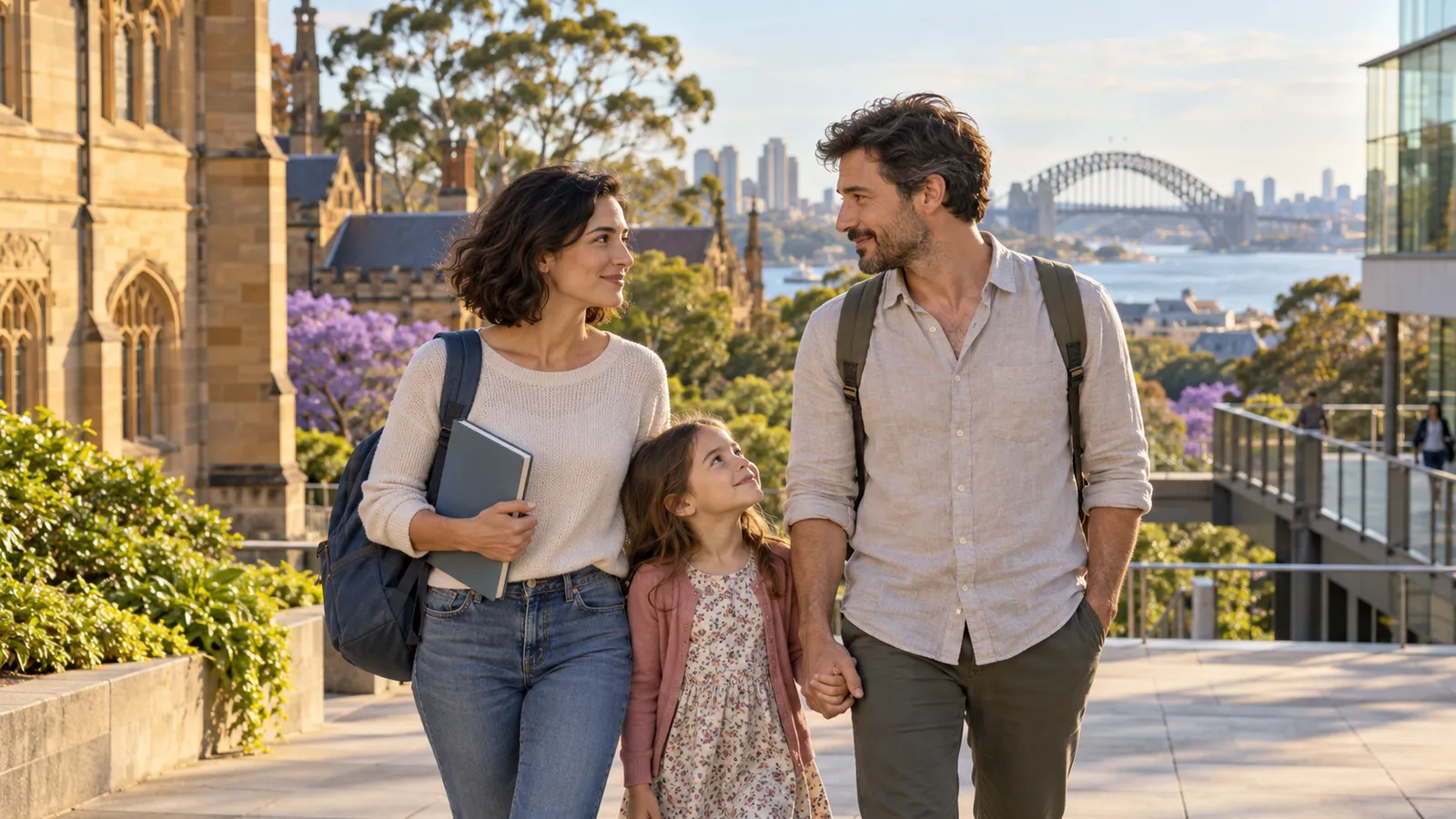 Una studentessa italiana passeggia con il compagno e la figlia in un campus di Sydney, con il ponte sullo sfondo.