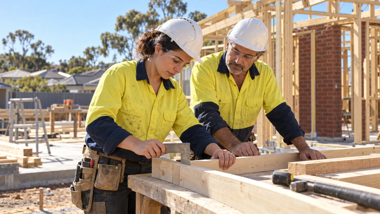Una carpentiera controlla una struttura in legno con un collega esperto in un cantiere australiano.