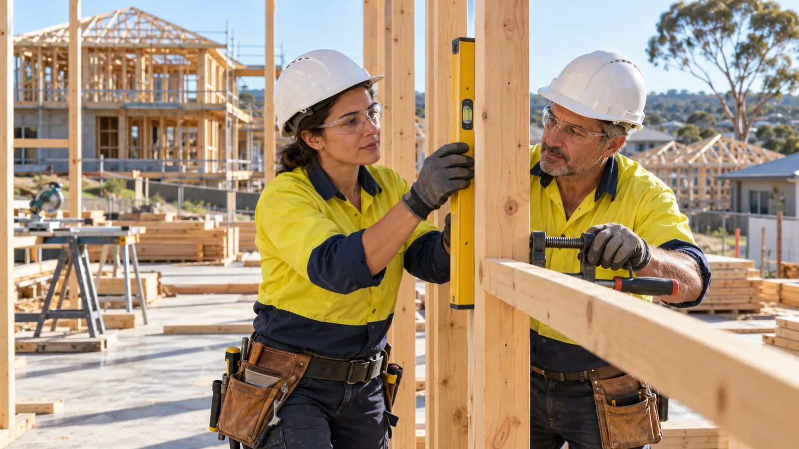 Due carpentieri con casco e guanti allineano una struttura in legno in un cantiere residenziale australiano.