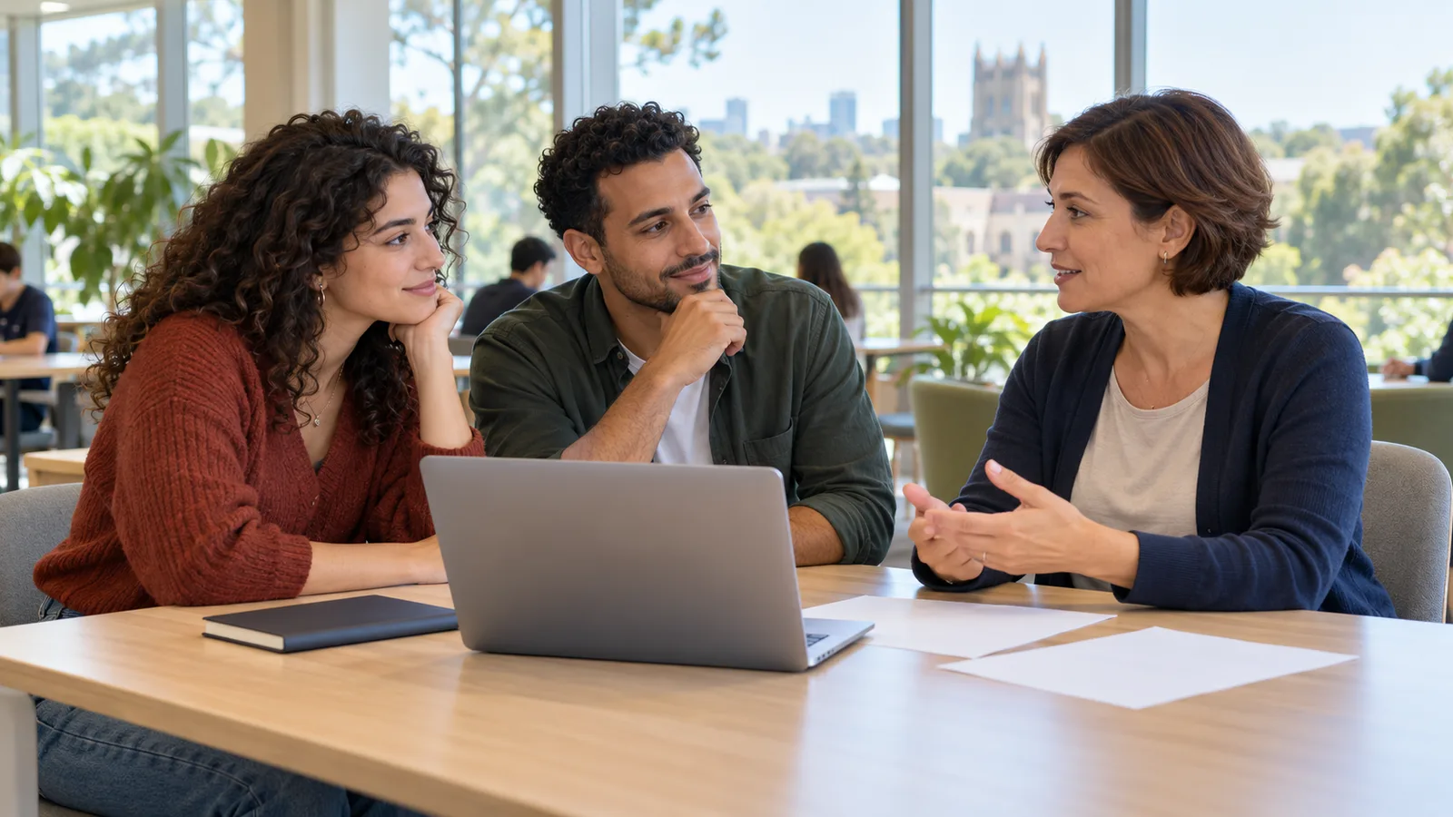 Due studenti italiani discutono i loro piani di studio con una consulente in un'università australiana.