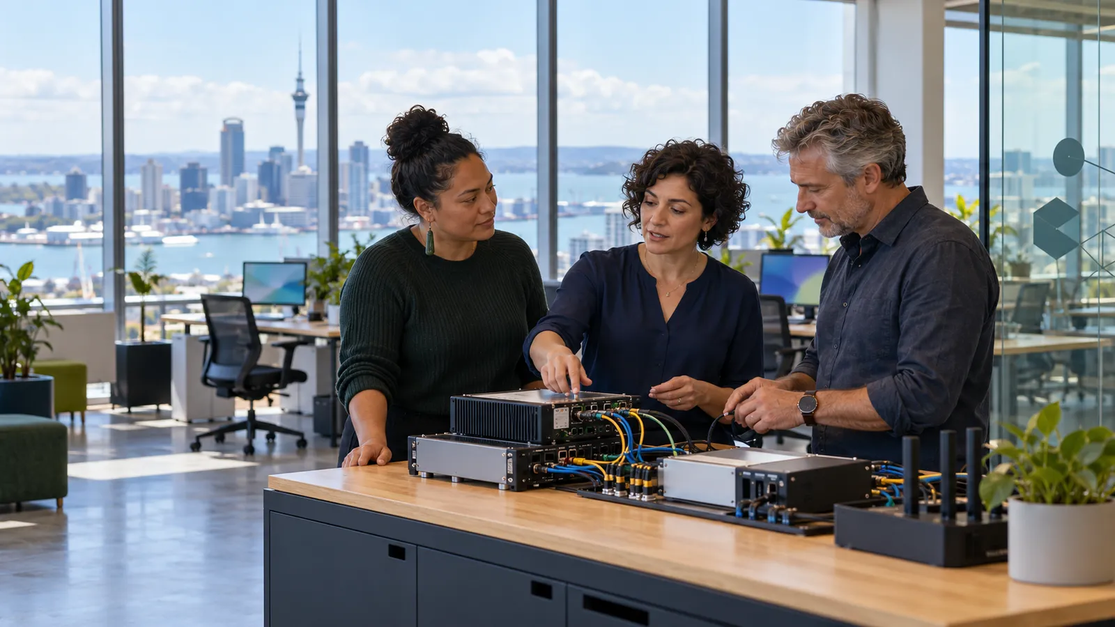 Una professionista e due colleghi lavorano su sistemi informatici in un luminoso ufficio con vista su Auckland.