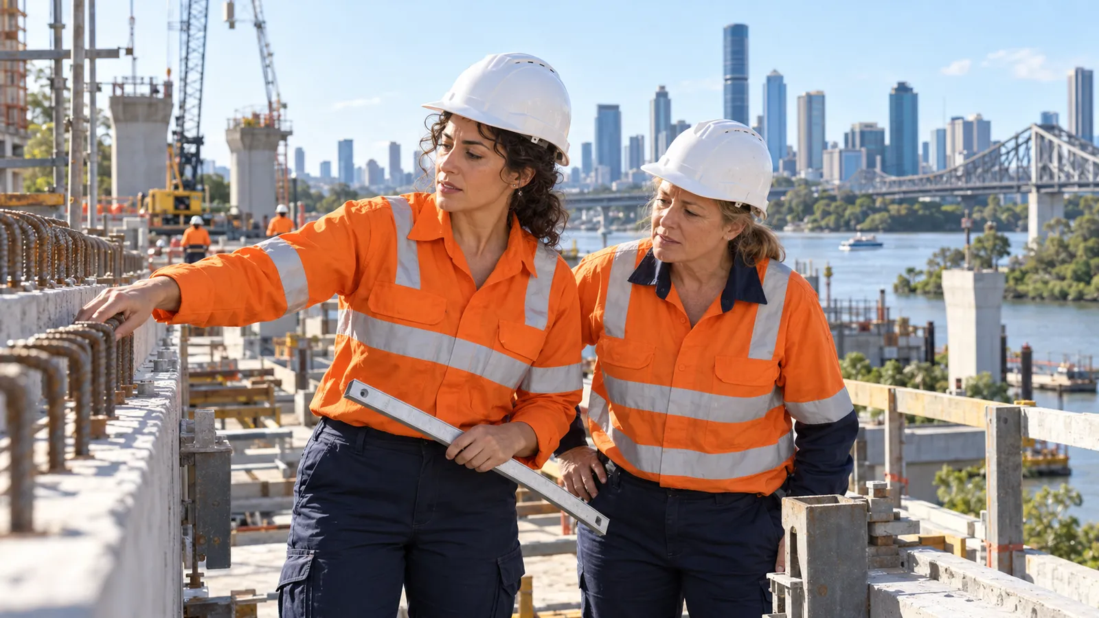 Due professioniste con caschi bianchi esaminano un cantiere sul fiume, con Brisbane sullo sfondo.