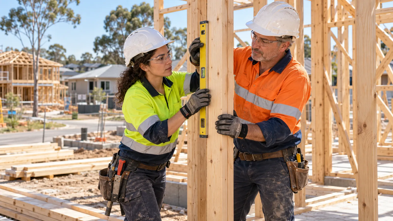 Due operai con caschi e abiti ad alta visibilità controllano una struttura in legno in un cantiere australiano.