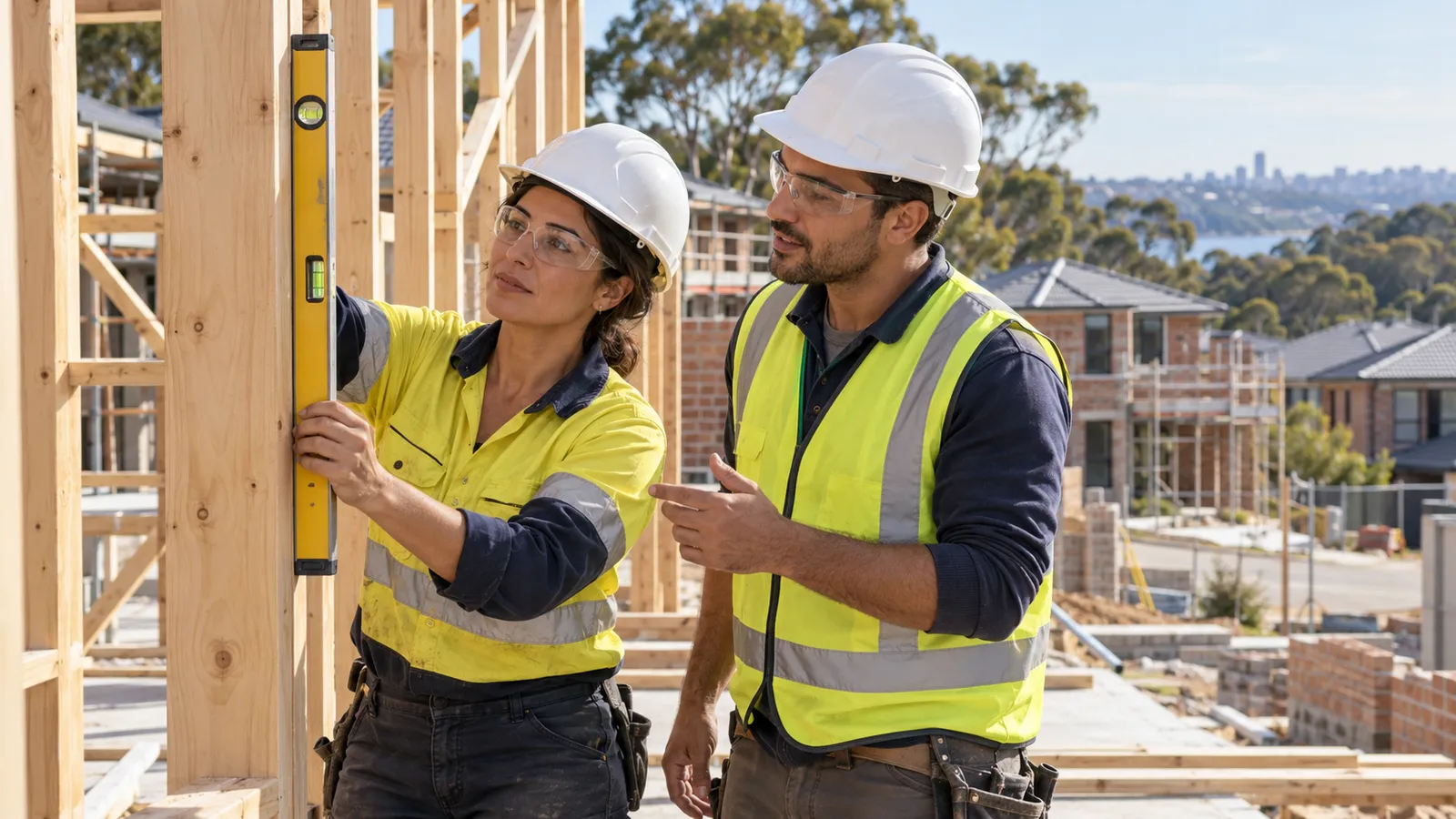 Due professionisti con casco e giubbotto ad alta visibilità controllano una struttura in legno in un cantiere australiano.