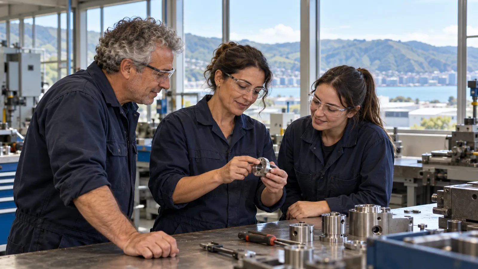 Una tecnica mostra un componente metallico a due colleghi in un’officina luminosa in Nuova Zelanda.