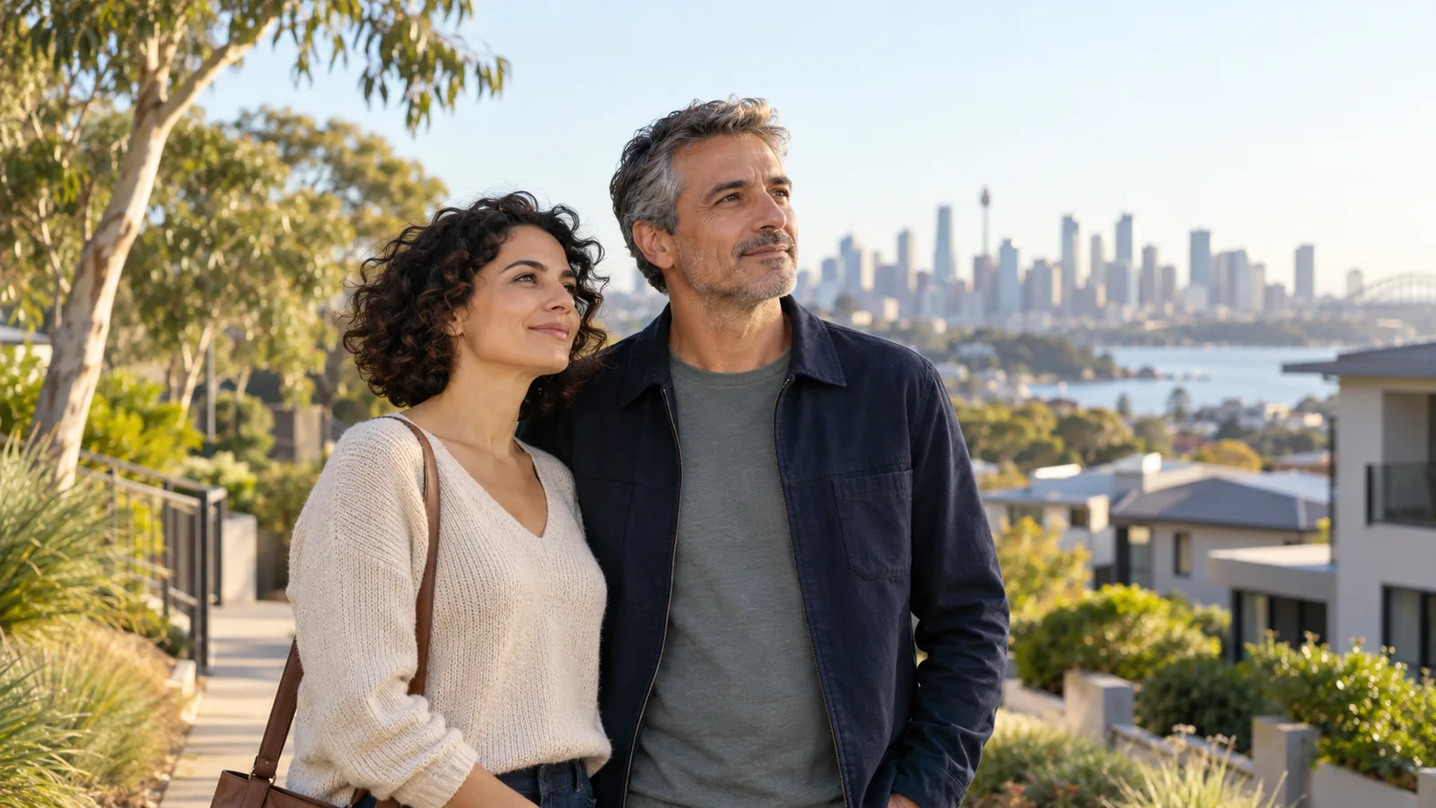 Una donna e un uomo italiani in un quartiere residenziale australiano, con lo skyline di Sydney sullo sfondo.