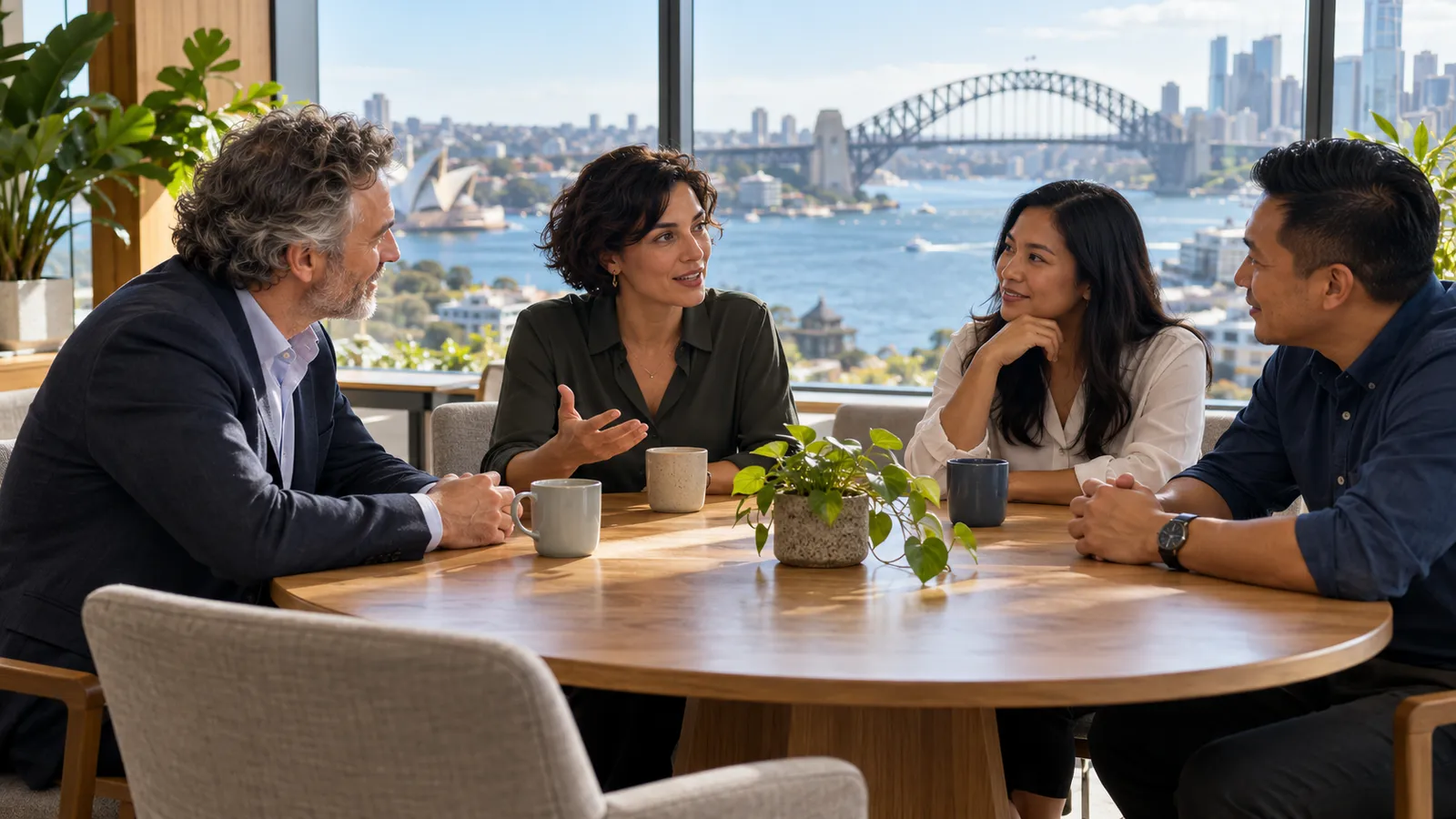 Quattro colleghi discutono attorno a un tavolo in un ufficio luminoso affacciato sul porto di Sydney.