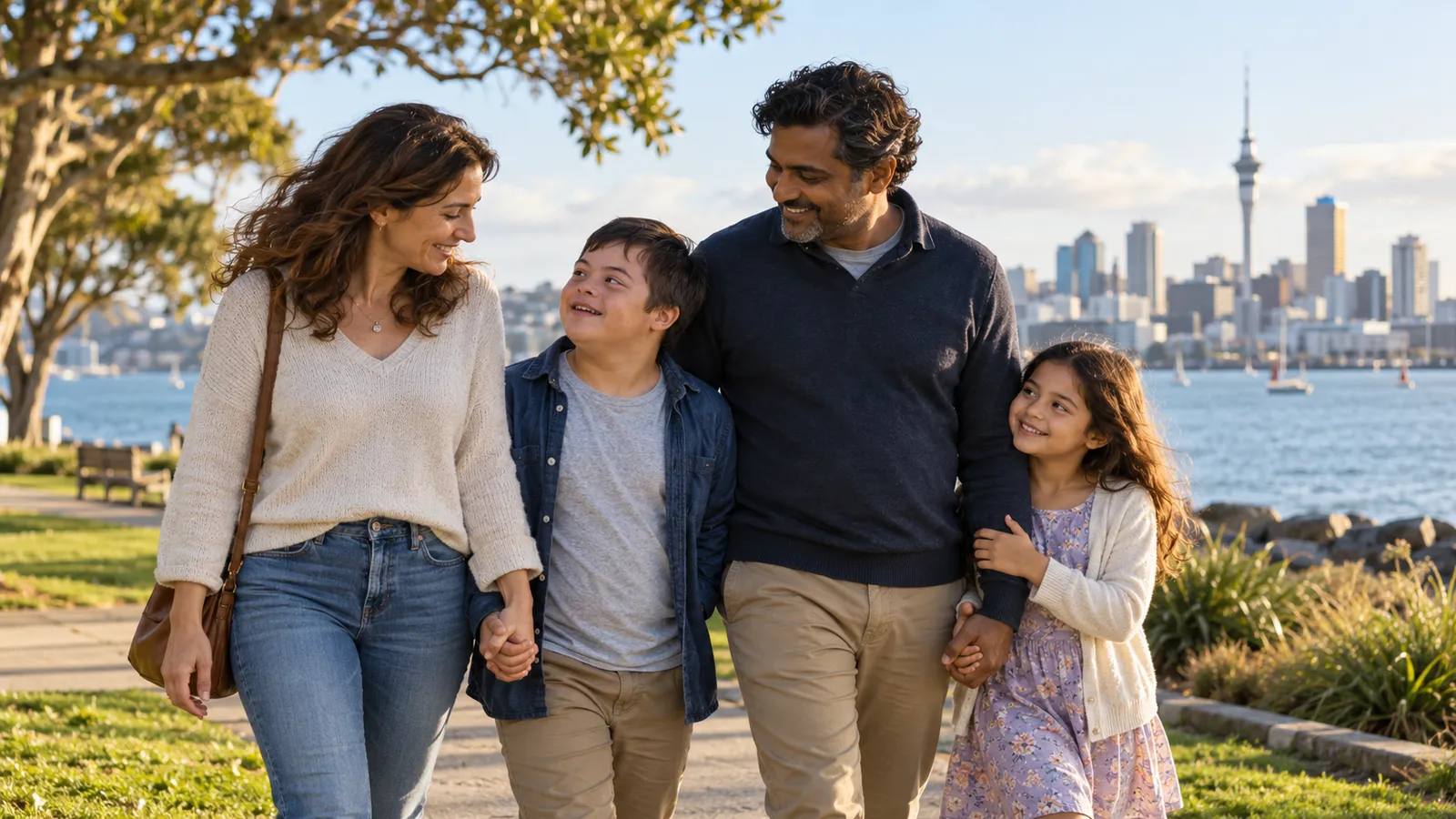 Una famiglia passeggia mano nella mano sul lungomare di Auckland, sorridendo nella luce del pomeriggio.