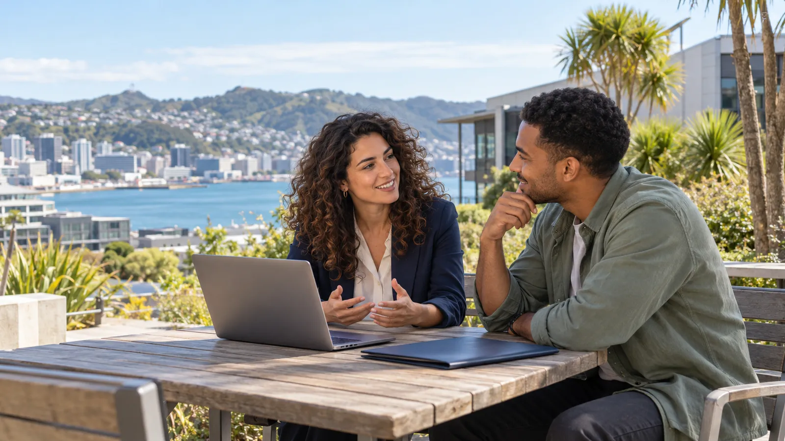 Due giovani conversano davanti a un portatile su una terrazza universitaria affacciata sul porto di Wellington.