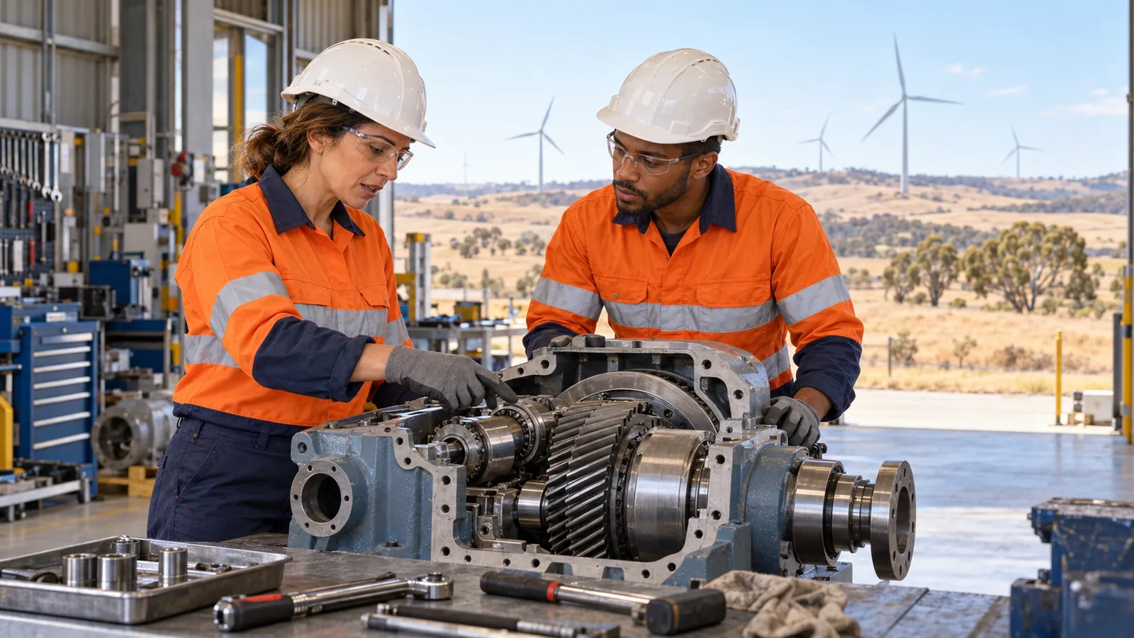 Due tecnici esaminano un gruppo di ingranaggi in un’officina australiana, con turbine eoliche sullo sfondo.